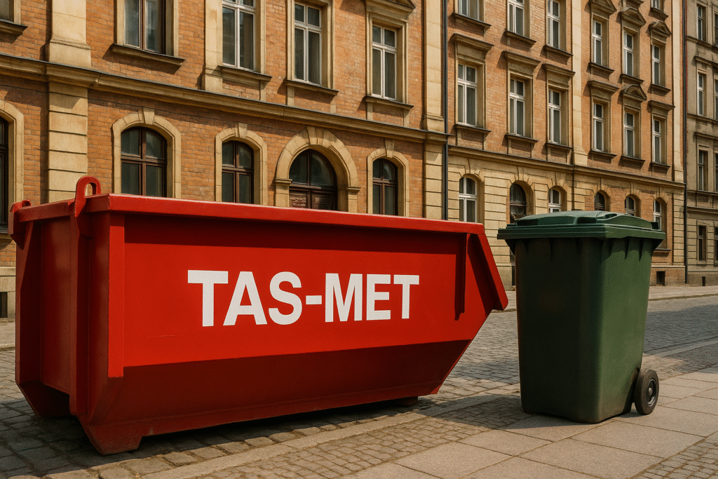Kontener budowlany i kontener komunalny TAS-MET ustawione obok siebie na ulicy we Wrocławiu