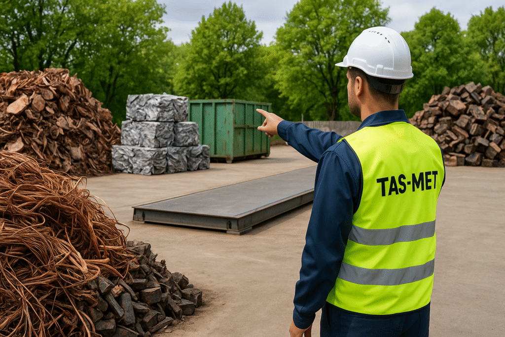 Plac skupu złomu TAS-MET we Wrocławiu z posegregowanymi metalami i pracownikiem przy wadze.