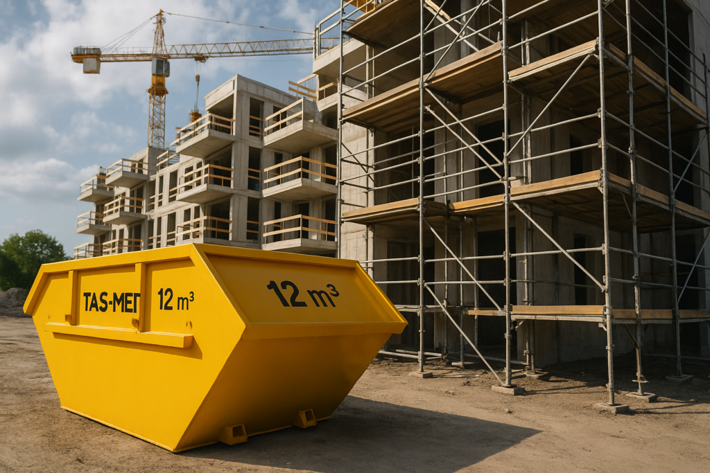 Kontener TAS-MET na placu budowy we Wrocławiu obok rusztowania